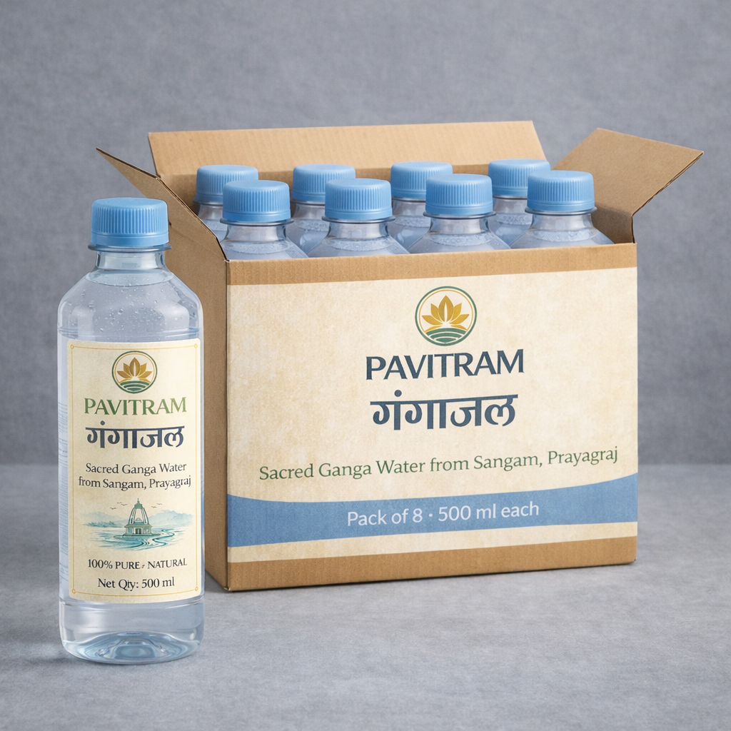 Pavitram Gangajal – Pack of 8 Bottles (500 ml Each) | Total 4 Litres | Pure & Authentic Holy Ganga Water