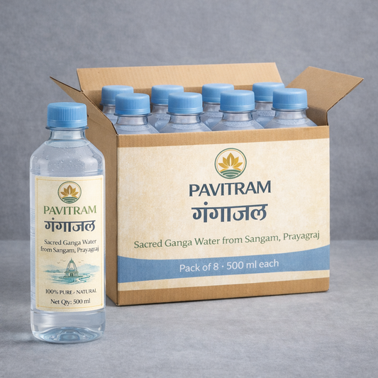 Pavitram Gangajal – Pack of 8 Bottles (500 ml Each) | Total 4 Litres | Pure & Authentic Holy Ganga Water